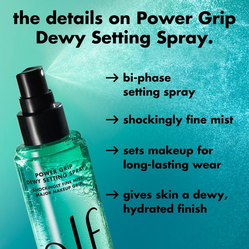 e.l.f. Power Grip Dewy Setting Spray, Ultra Fine Mist Made With Hyaluronic Acid, Grips Makeup For A Hydrated, Dewy Finish, Vegan & Cruelty-Free