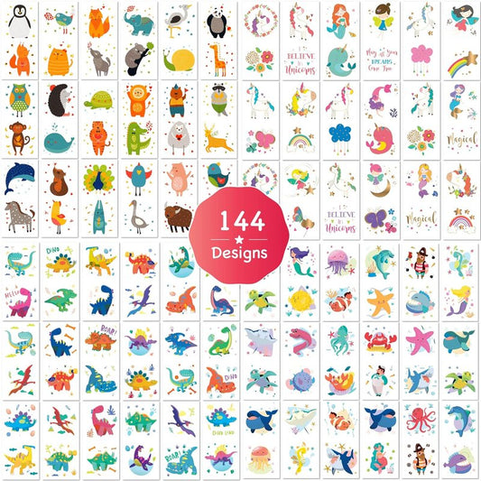 Temporary Fake Tattoos - 72 Individually Wrapped Sheets | Cute Ocean Animals, Dinosaurs, Unicorns & More