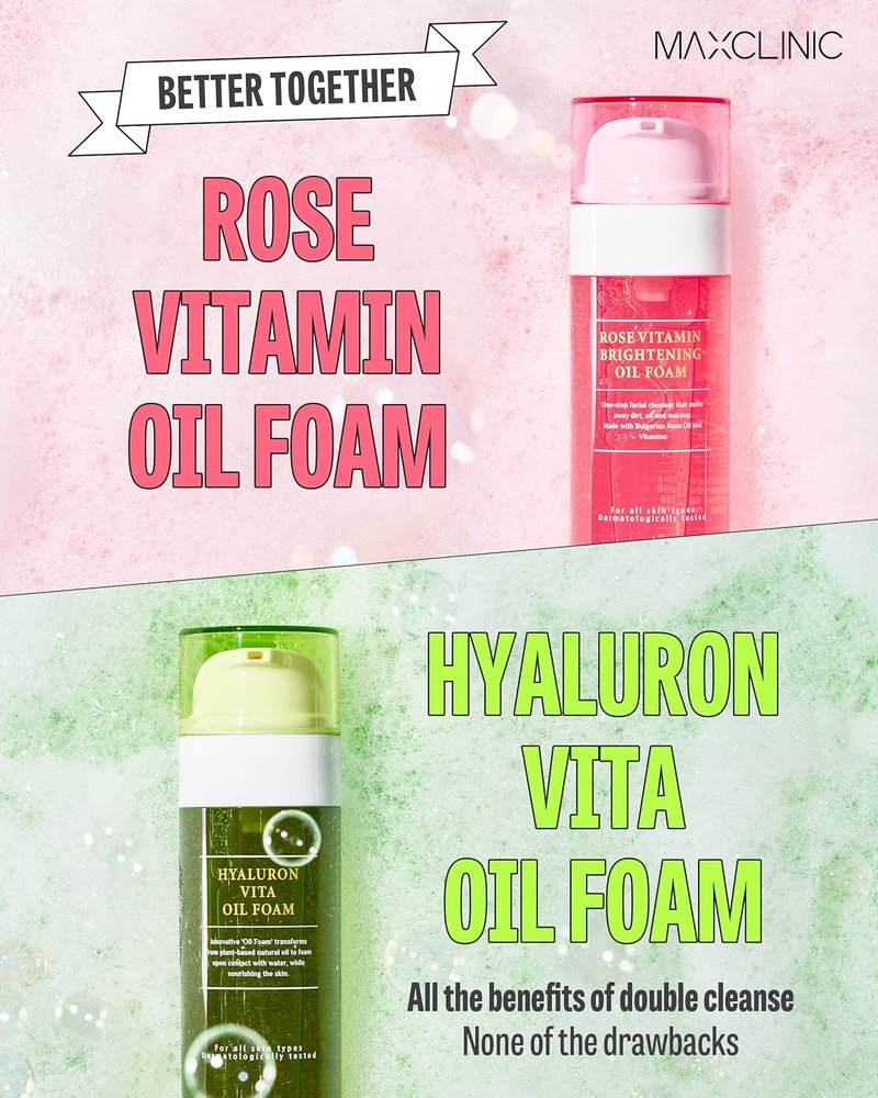 MAXCLINIC Rose Vitamin + Hyaluron Oil Foam Gift Set - Daily Face Wash for Dry Sensitive Skin | K-Beauty Cleanser
