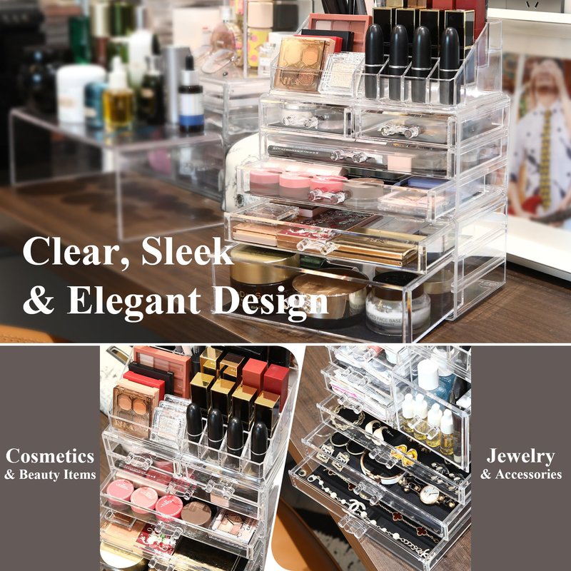 Sea Team 3-Layer Stackable Clear Makeup Organizer with Drawers, Acrylic Plastic Cosmetic Display Case, Jewelry Storage Box for Dresser, Bathroom, Vanity, Countertop (6 Drawers, 1 Lipstick Holder)