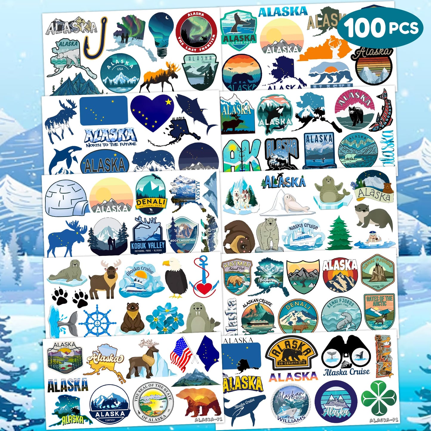 100 PCS Alaska Cruise Birthday Party Decorations Favors Temporary Tattoos Decor Adventure Await Alaska Flag Alaskan Cruise Car Ship Lion Seal Reindeer Stickers For Boy Girl Gift School Prizes Rewards