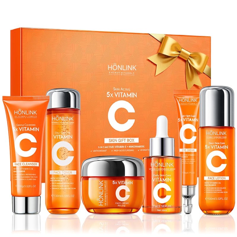 Hydrating Vitamin C Skincare Set - 6-Piece Daily Face Care Routine with Niacinamide, Cleanser, Toner, Serum, Moisturizer, Eye Cream & Body Lotion