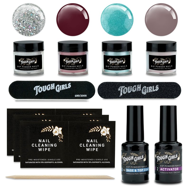 TOUGH GIRLS | 6-Pack Dip Powder Kit | Includes Dip Powders, Primer/Bond, Base Coat, Top Coat, Activator, Brush Saver, Extra Bottle Brushes, Nail Brush, Cuticle Stick, Nail File, & Nail Wipes (6-Pack Kit | Color Combo 1)