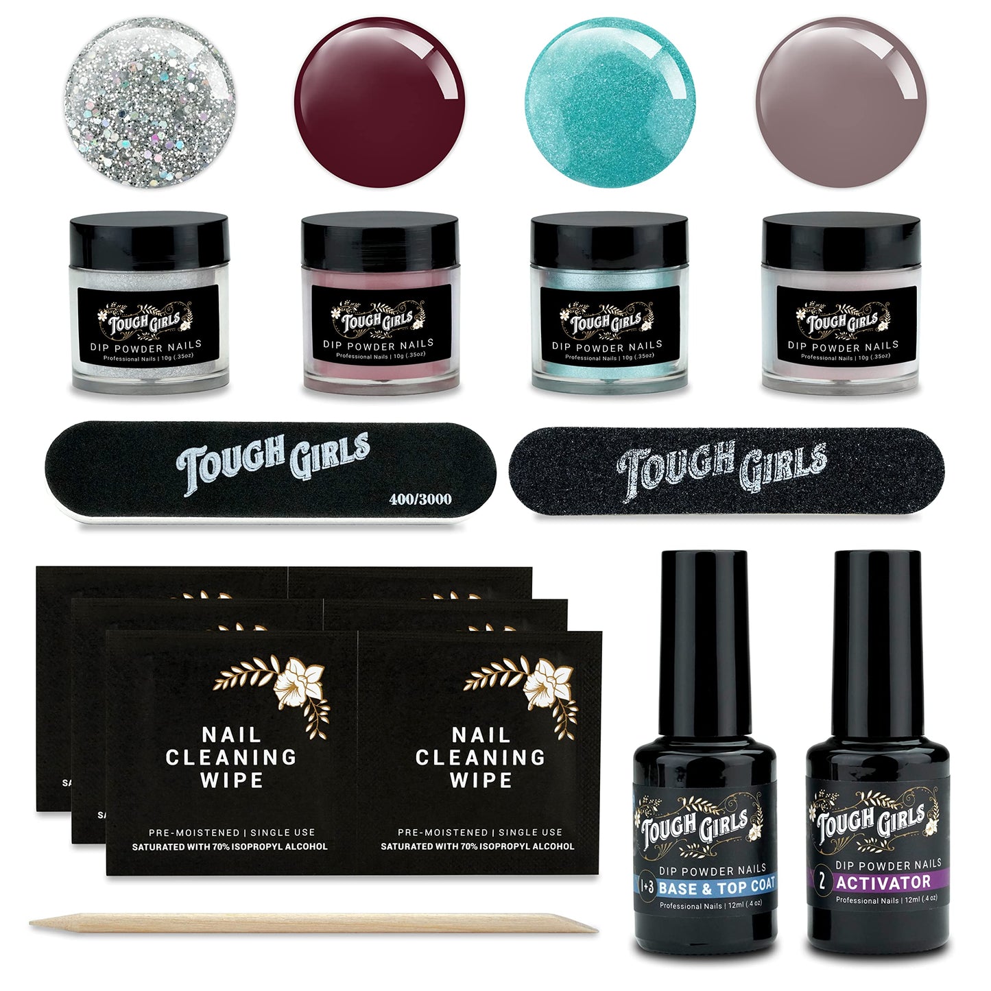 TOUGH GIRLS | 6-Pack Dip Powder Kit | Includes Dip Powders, Primer/Bond, Base Coat, Top Coat, Activator, Brush Saver, Extra Bottle Brushes, Nail Brush, Cuticle Stick, Nail File, & Nail Wipes (6-Pack Kit | Color Combo 1)