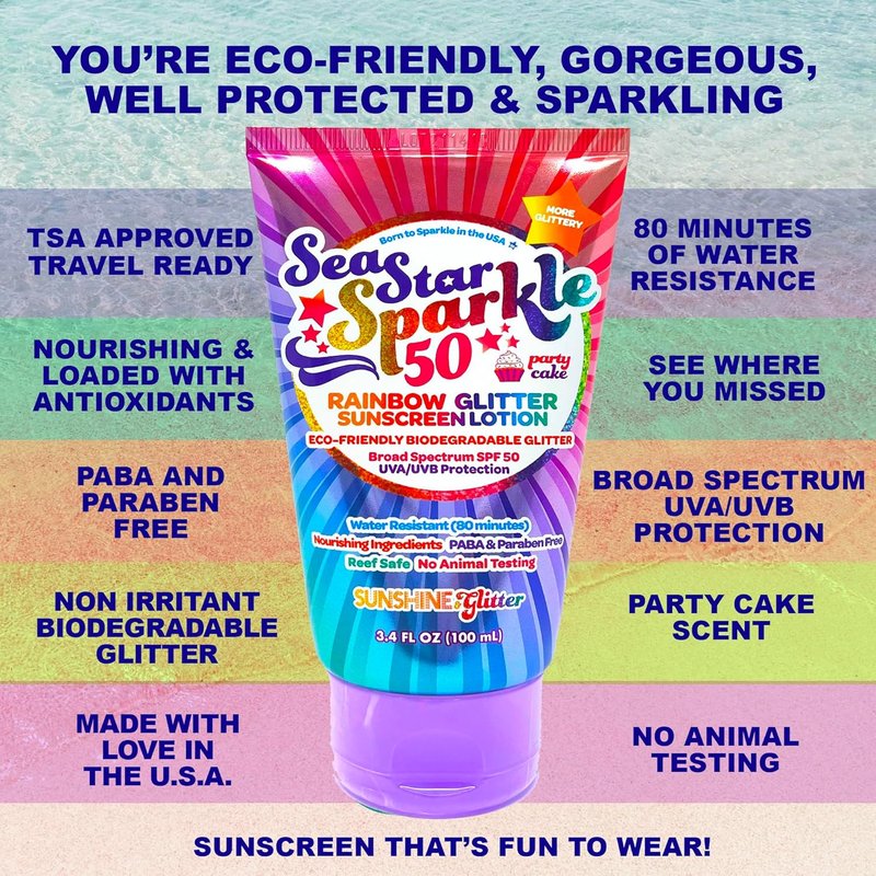Rainbow Party Cake Scented Glitter Sunscreen - SPF 50, Biodegradable & Water Resistant | 3.4oz Kids Lotion