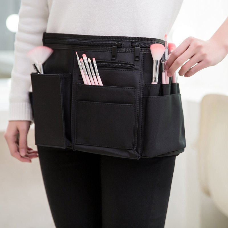 MyGift Professional Black Salon Apron, Makeup Artist Cosmetic Canvas Waist Apron, Multiple Pocket Brush Bag Organizer
