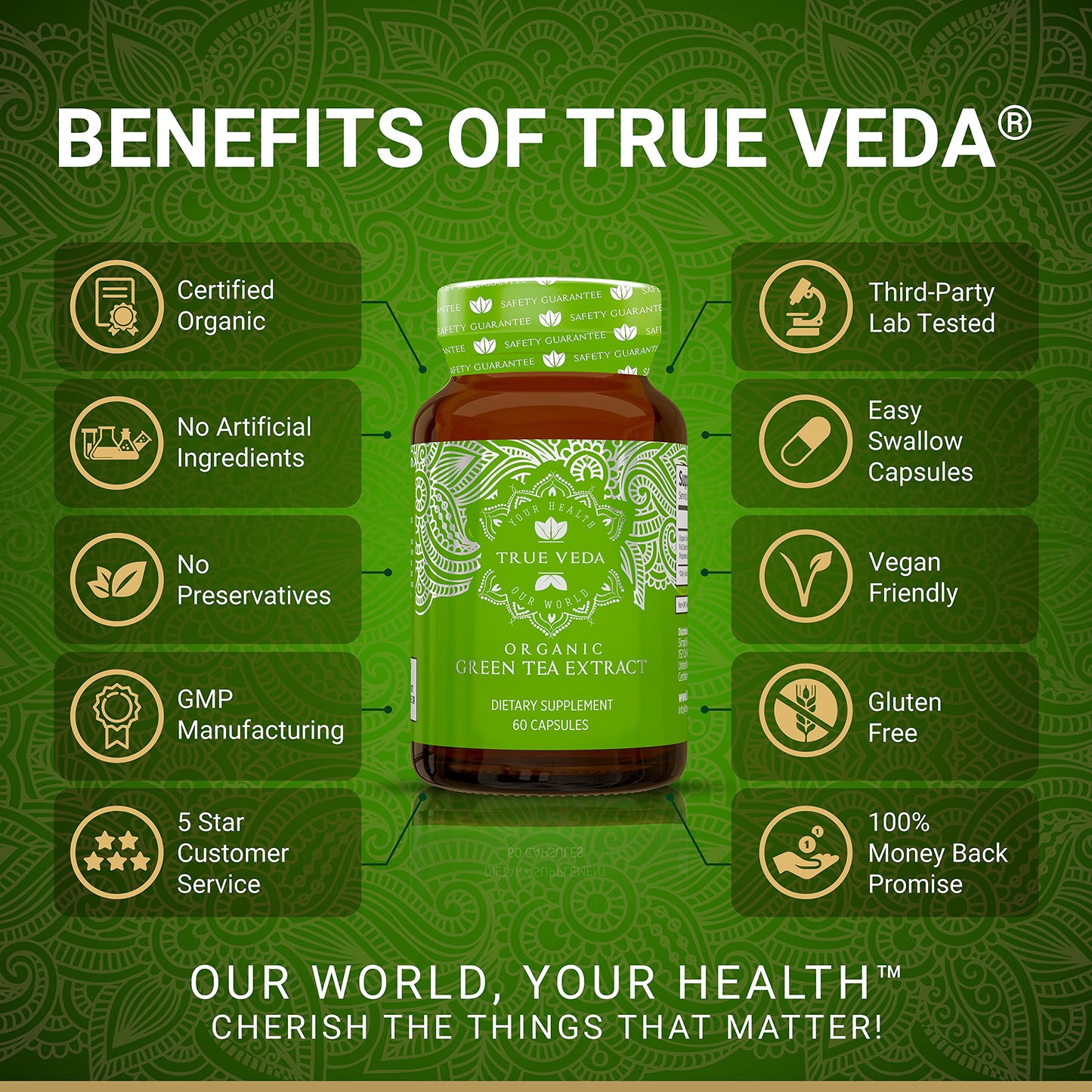 True Veda USDA Organic Green Tea Extract Capsules with EGCG | Premium Plant-Based Green Tea Pills | High Quality EGCG Supplements | Low Caffeine | 60 Vegan Capsules