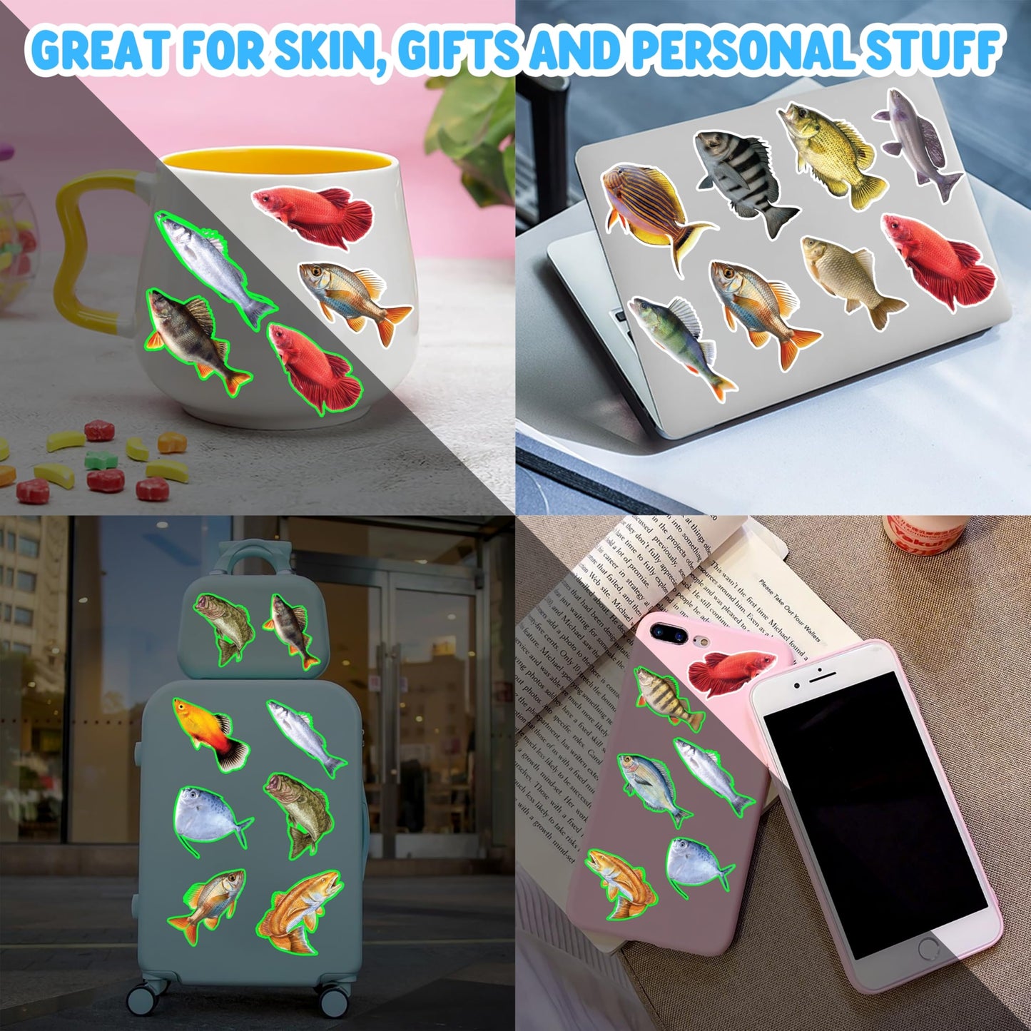 96PCS Fishing Pre-Cut Temporary Tattoos - Fish Lake Funny Fish-Themed Stickers for Kids' Birthday Party Supplies, Decorations, Favors, and Prizes - Cute Gifts for Boys and Girls (Glow in the dark)