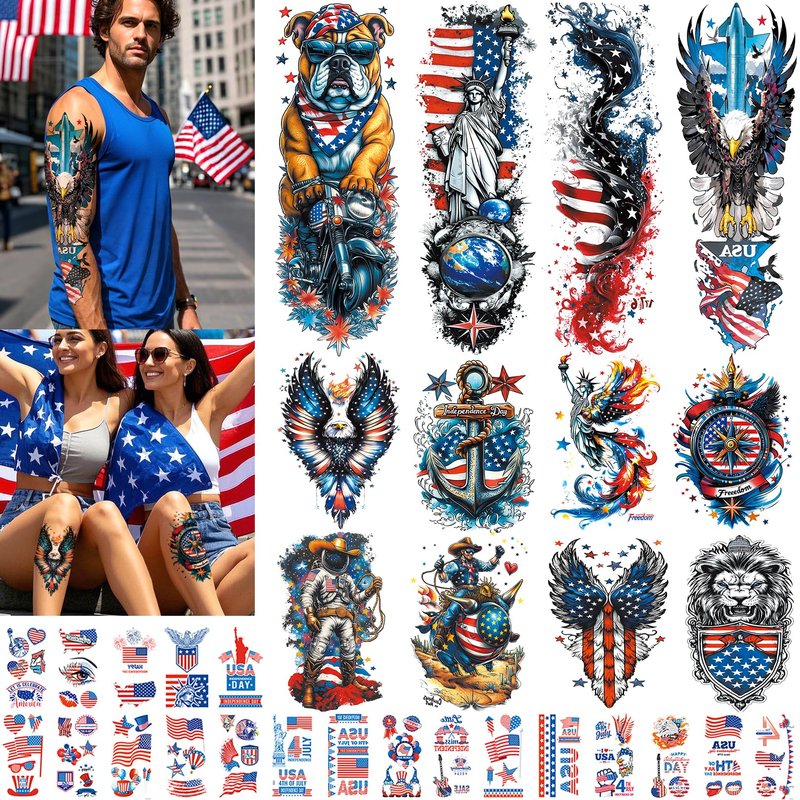 32 Sheets Independence Day Temporary Tattoos, USA Flag Patriotic Waterproof Fake Tattoos, Red White Blue Party Supplies Temp Tattoo Kits 4th of July Memorial Day, Veterans Day, Summer Festivals