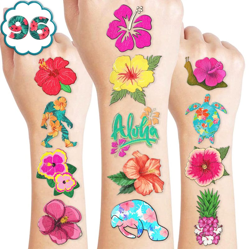 Hibiscus Temporary Tattoos for Kids & Adults - 10 Sheets 100 PCS Hawaiian Tropical Flowers Party Favors, Luau Birthday Decorations Supplies, Cute Waterproof Fake Tattoos
