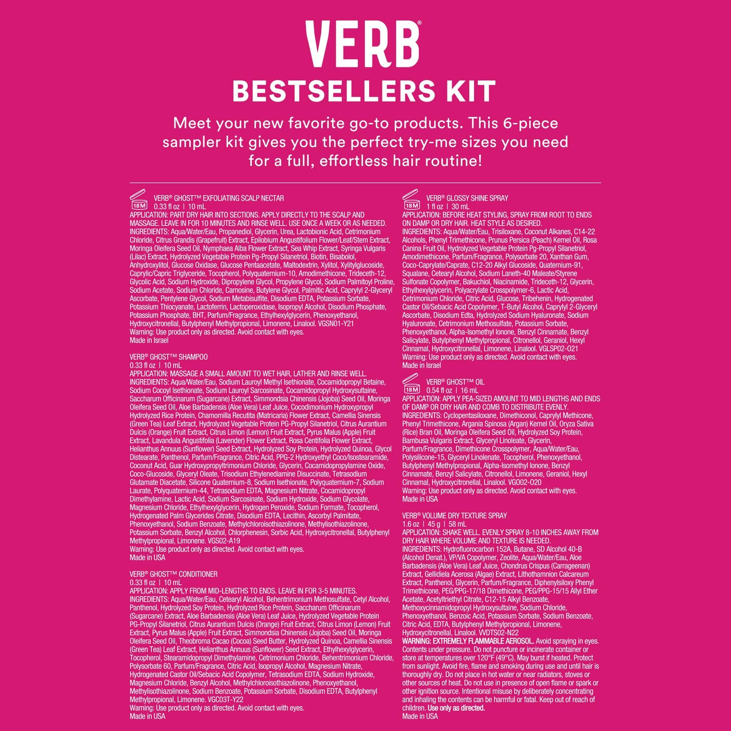 VERB Trial Kit, 6 pc - Includes Ghost Oil + Top Stylers & Samples for Volume, Moisture, Frizz Control & Heat Protection
