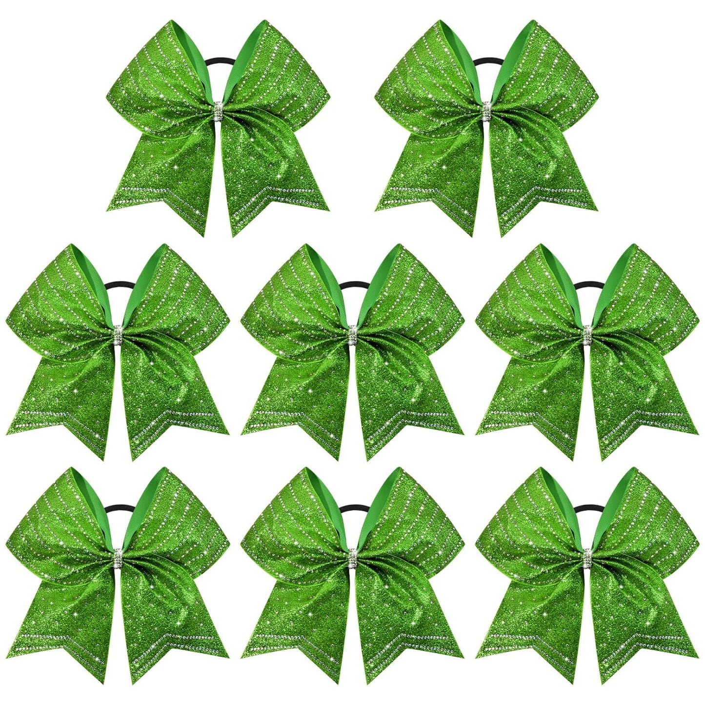 DEEKA 8PCS Green Stripes Glitter Cheer Bows - Iridescent Rhinestones | Large 8" Ponytail Holders for Cheerleaders & Sports