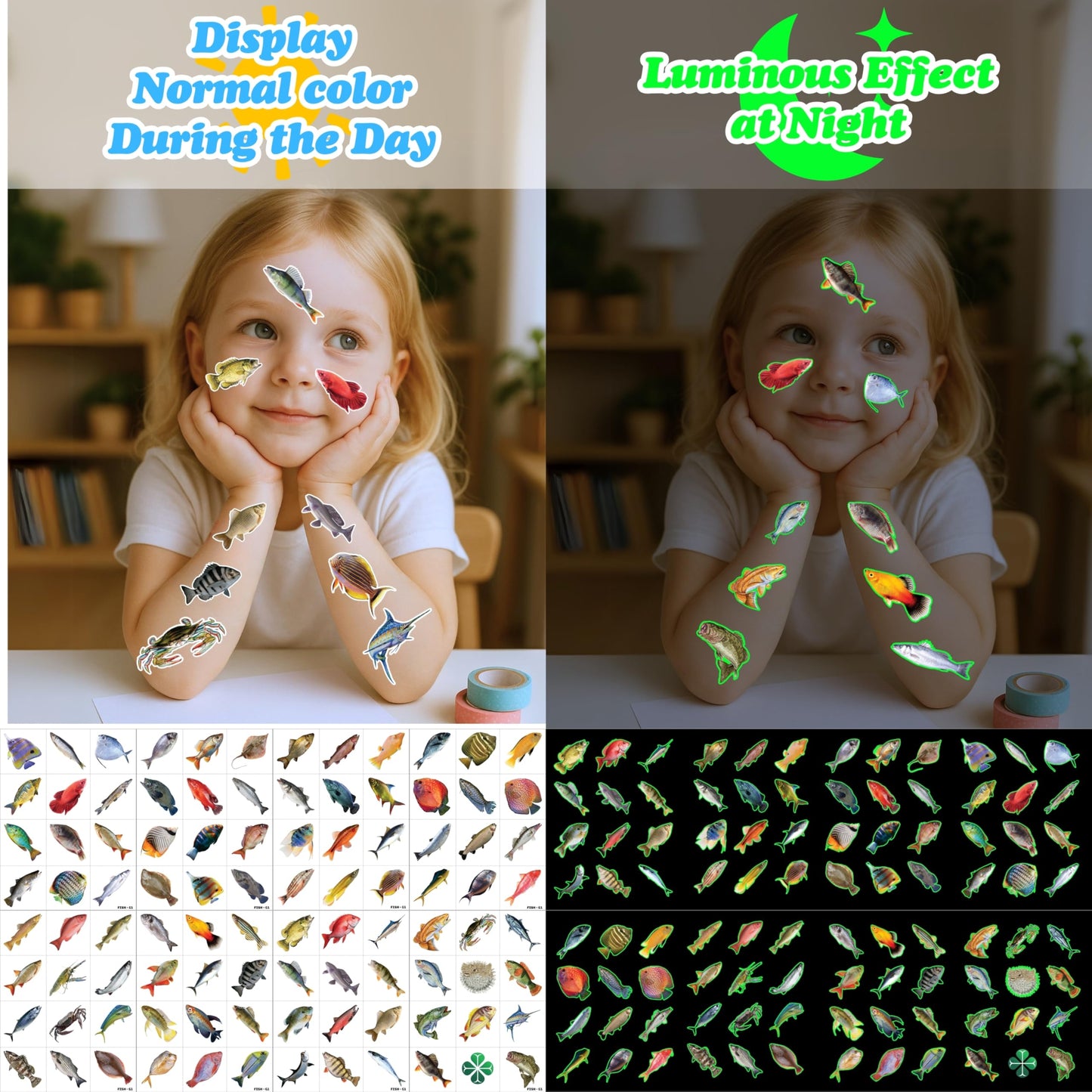 96PCS Fishing Pre-Cut Temporary Tattoos - Fish Lake Funny Fish-Themed Stickers for Kids' Birthday Party Supplies, Decorations, Favors, and Prizes - Cute Gifts for Boys and Girls (Glow in the dark)
