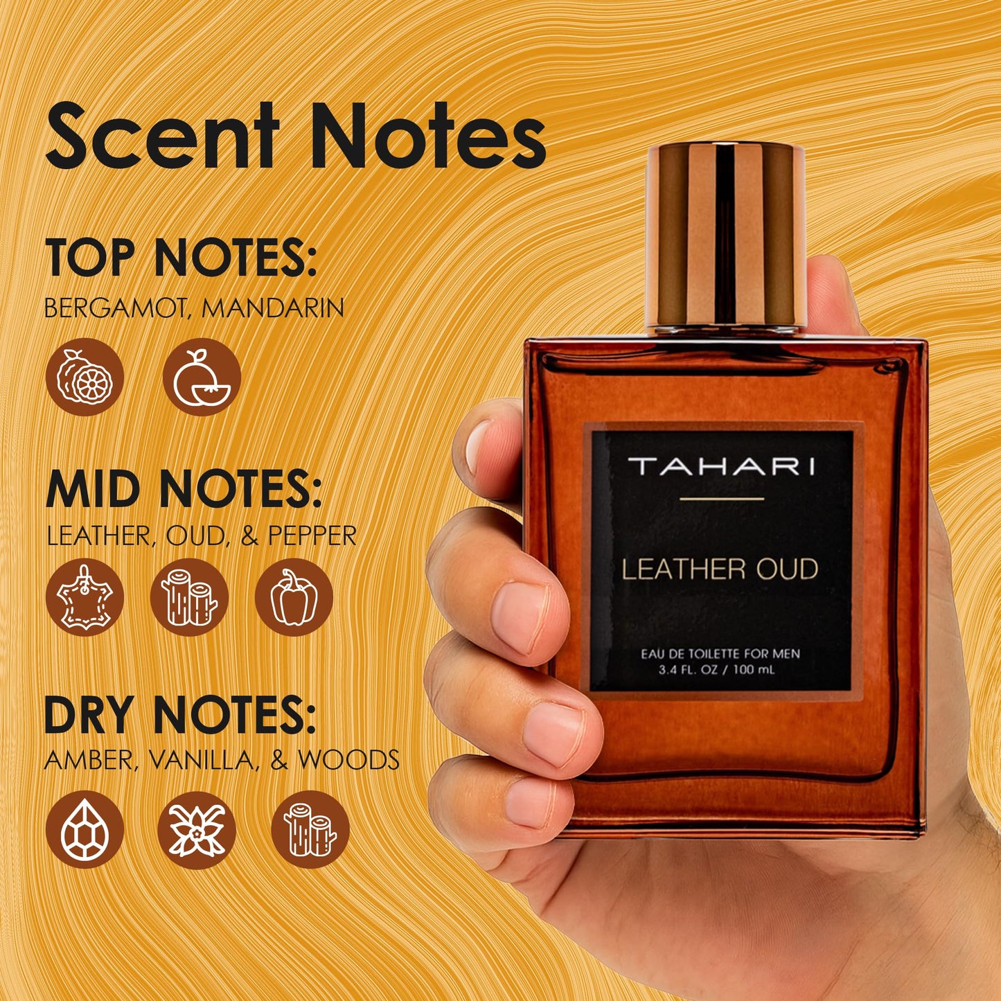 TAHARI Leather Oud Eau de Toilette for Men – Long-Lasting Luxury Cologne Spray with Bergamot, Leather & Amber Scent – Bold, Masculine, Sophisticated Oud Fragrance Spray 3.4 fl oz / 100 mL