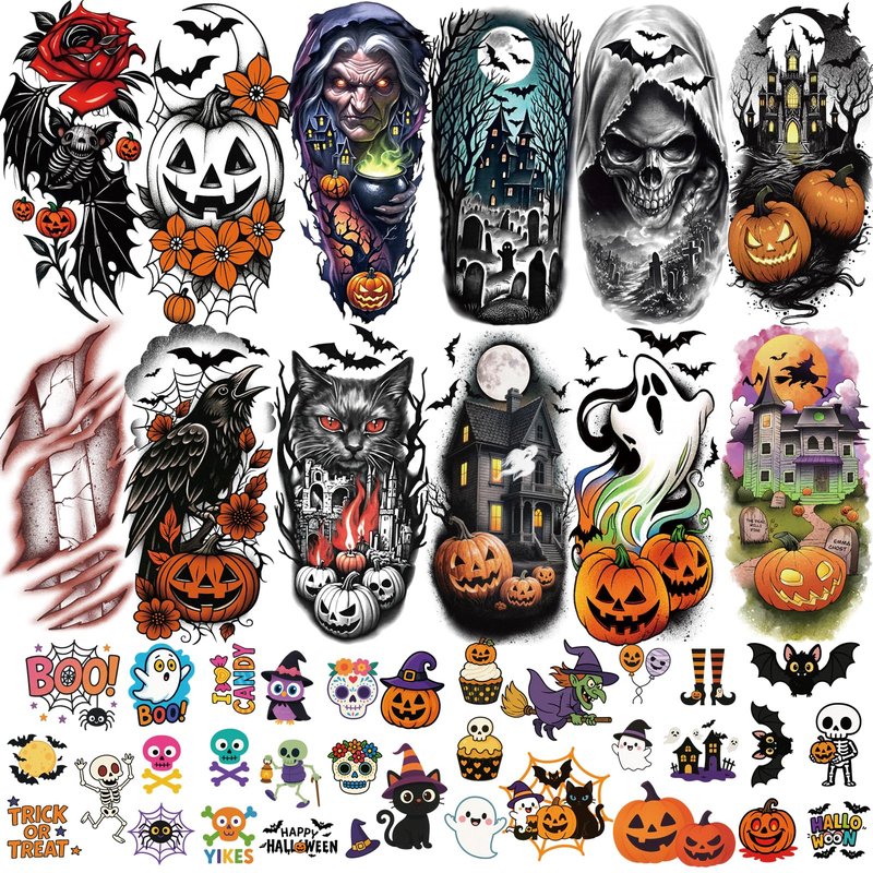 77 Sheets Halloween Temporary Tattoos Women Men, 17 PCS Half Sleeve Pumpkin Bat Crow Witch Skull Fake Tattoos for Adult, 60 PCS Spider Cat Ghost Scar Tiny Realistic Face Body Tattoos Stickers