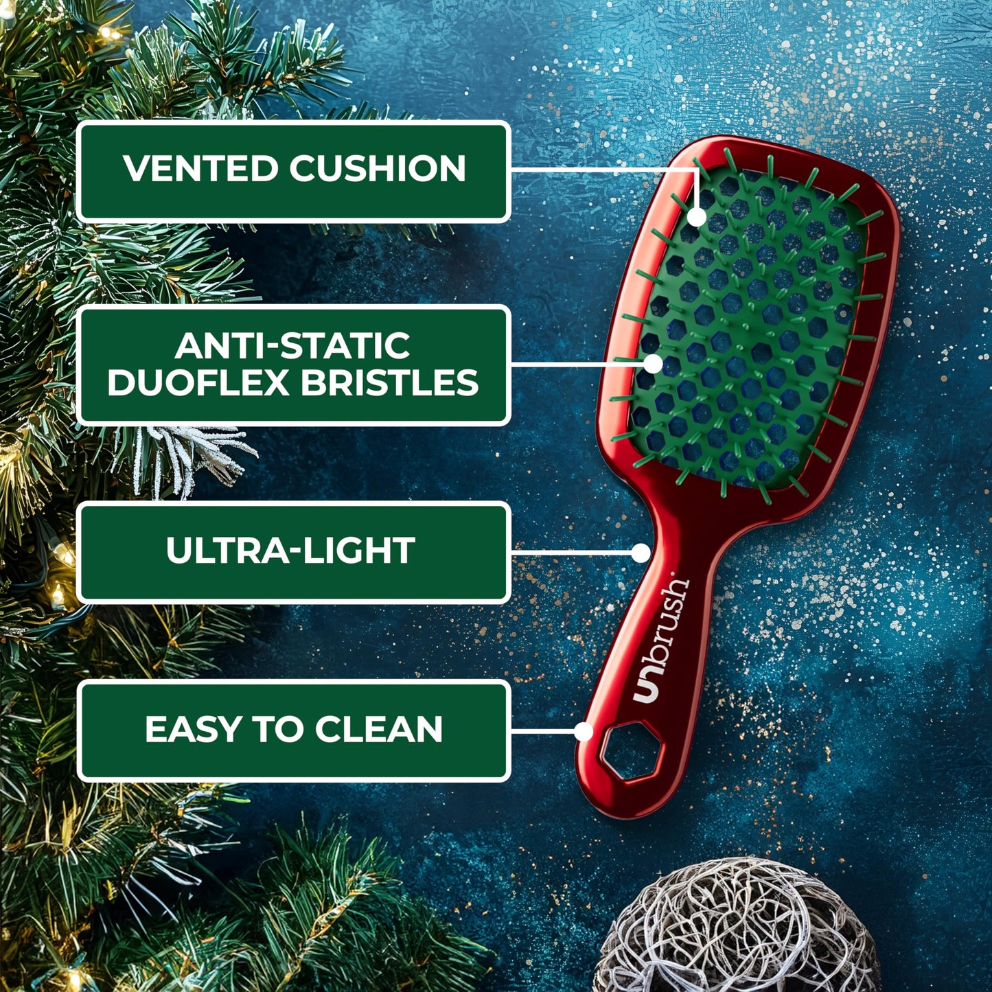 UNbrush Mini Holiday Hair Brush for Pain-Free Brushing On All Wet/Dry Hair Types — Mini UNbrush Detangling Brush with Durable Anti-Static Bristles, Lightweight & Vented — Christmas Hair Care Gifts