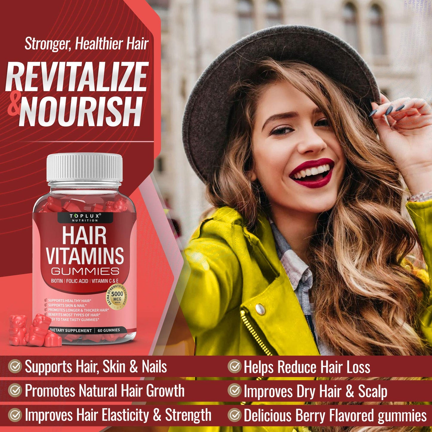 Hair Vitamin Gummies Supplement for Women & Men – Hair Growth Vitamins 5000mcg Biotin Gummies, Folic Acid, Vitamin C & E, Support Stronger & Thicker Hair, Skin, Nails, Non-GMO Vegam for, 60 Count