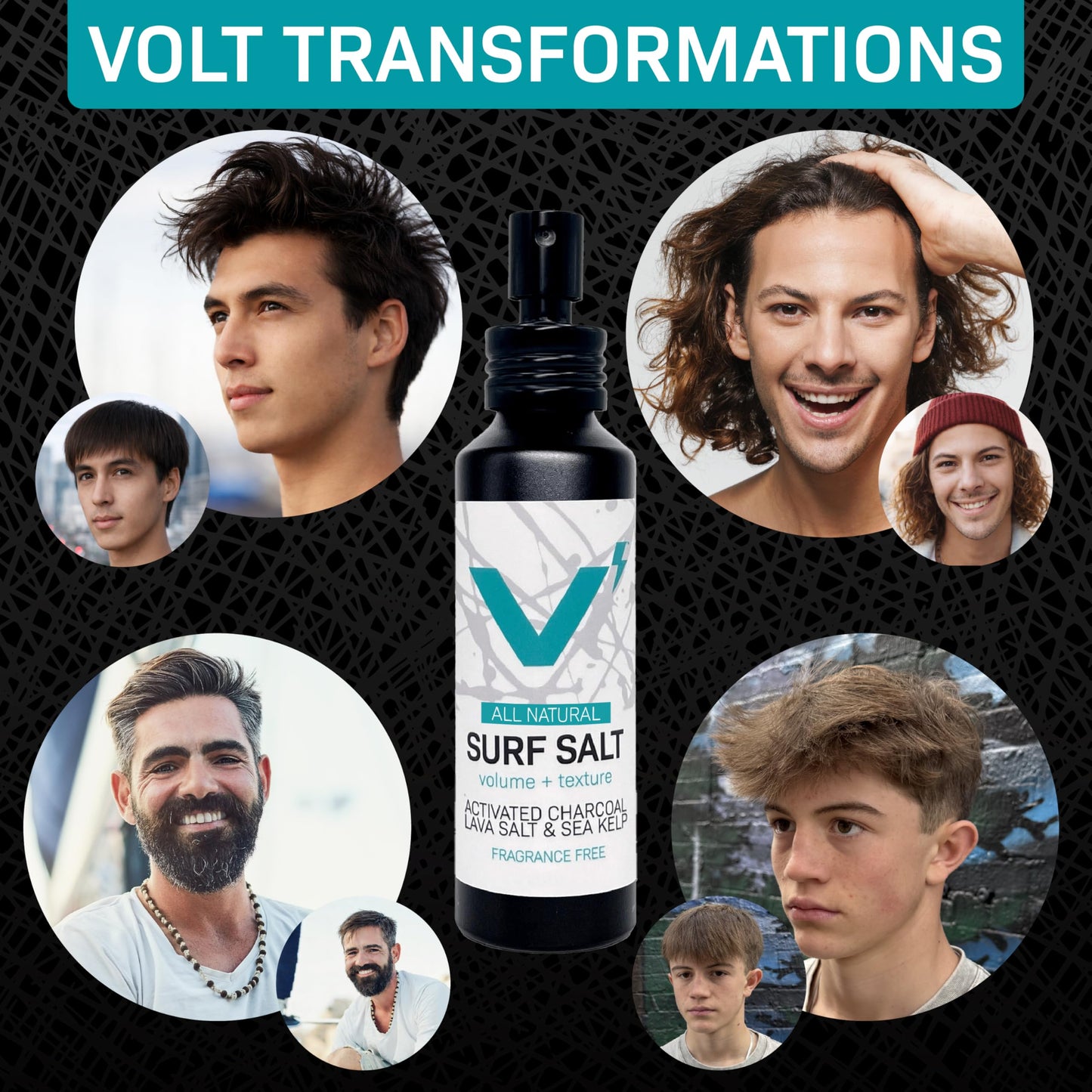 VOLT Surf Sea Salt Spray for Hair & Beard – Natural Volumizing & Texturizing Spray with Activated Charcoal, Sea Kelp & Green Tea – Aerosol-Free, Travel-Size, Aluminum Bottle