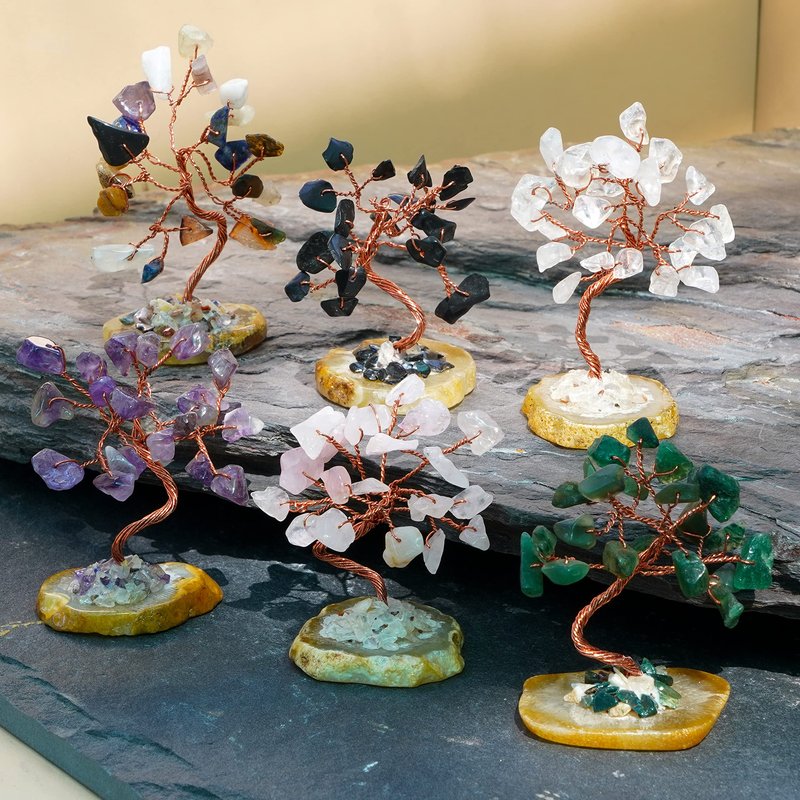 Set of 6 Crystal Trees Unique Birthday Gifts for Women, Mom & Dad, Slice Base Handmade Reiki Healing Stones for Home, Office Desk Decor, Bring Money, Positivity, Spiritual Good Luck Gifts