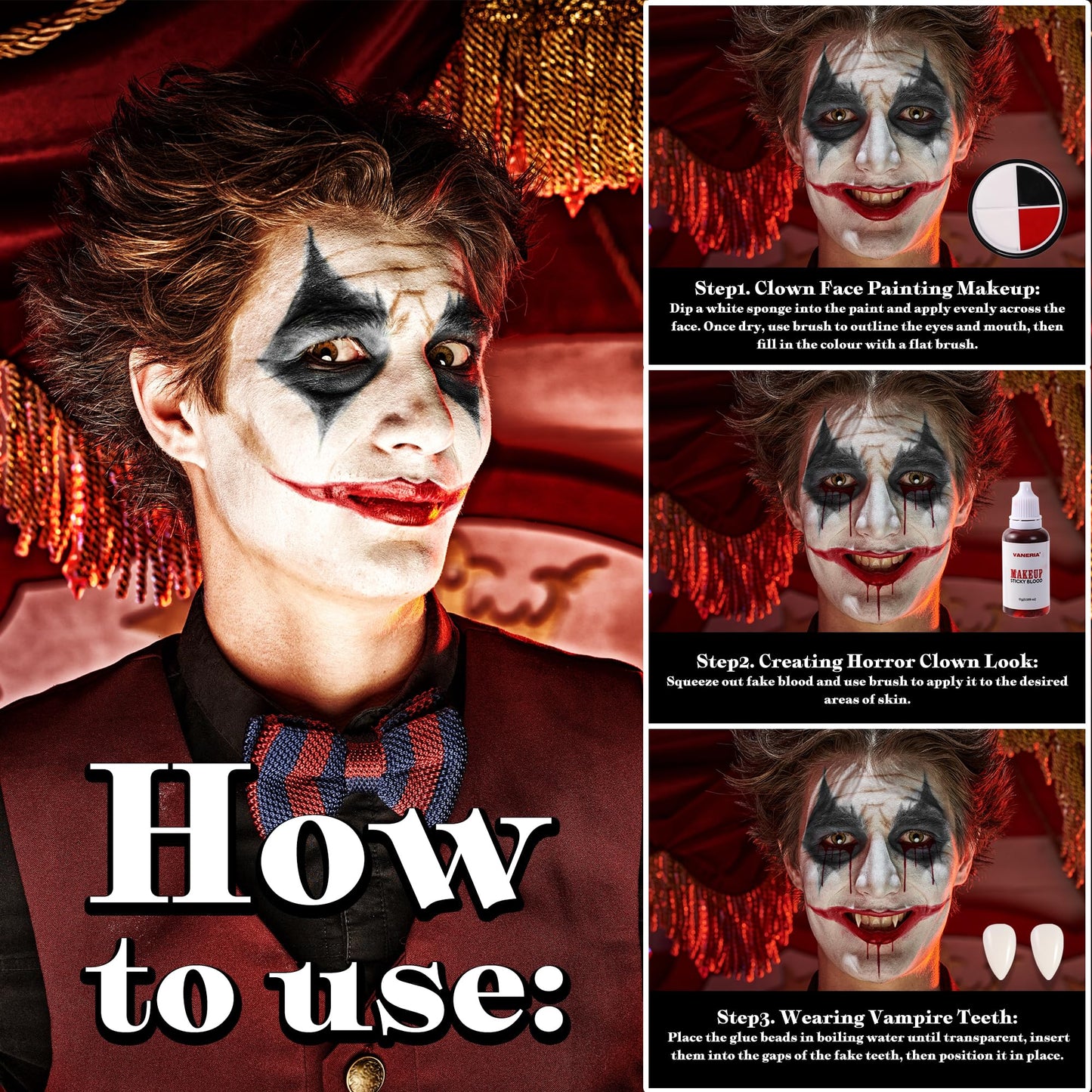 VANERIA Clown Makeup Halloween, Black White Red Cream Face Body Paint for Halloween, SFX Makeup Set with Vampire Teeth & Fake Blood, Clown Art Theater With Brushes