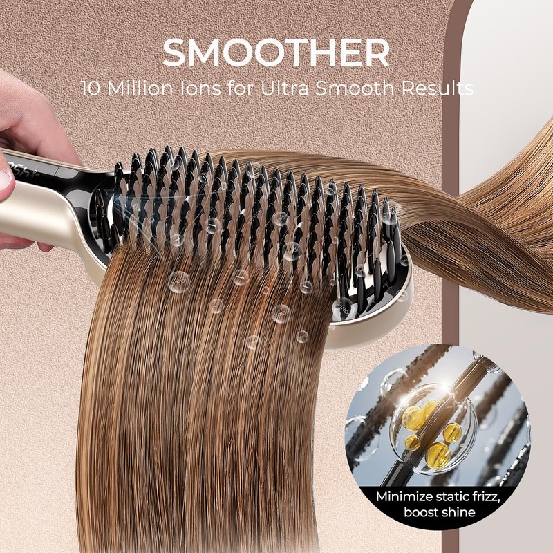 TYMO Hair Straightener Brush - Upgraded Ionic Plus Straightening Brush with Dense Bristles, 16 Temps, Dual Voltage | Ceramic Hot Comb for Women | Flat Iron for Thick Curly Hair, Gold