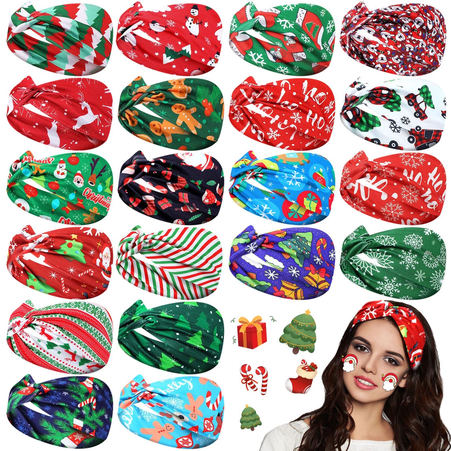Giegxin 20 Pcs Christmas Headband for Women Christmas Stretchy Twisted Headbands Elastic Hair Bands Santa Claus Snowman Wide Knotted Hair Accessories for Girls Party