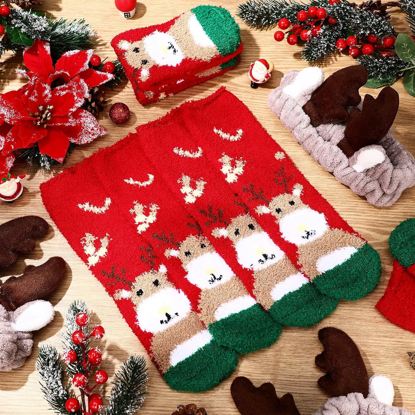 Christmas Antlers Headband Set - 12 Pieces with Fuzzy Socks for Holiday Parties | Deer Ear Design