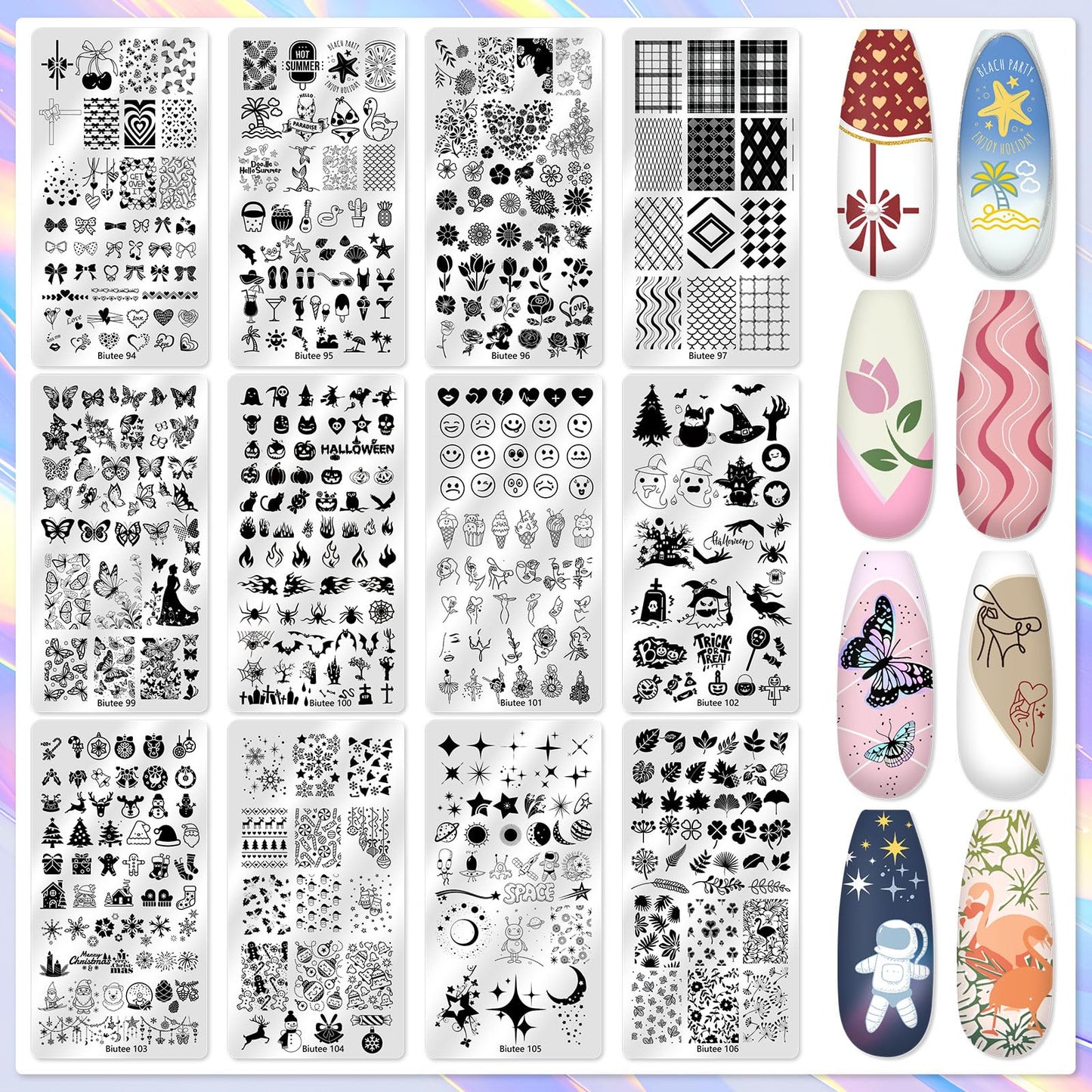 Biutee Nail Stamper Kit 12Pcs Nail Art Stamping Plate 8 Colors Stamp Polish Gel with Top Coat and Base Coat Set Silicone Stamper Scraper, Nail Stamp Plates Love Flower Butterfly Leaf Holiday Design