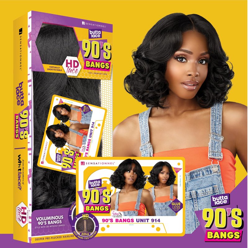 Sensationnel Butta Lace 90Sbangs Wigs - Unit 914 Glueless Wide Deep Part Synthetic Preplucked Hairline (1B OFFBLACK)