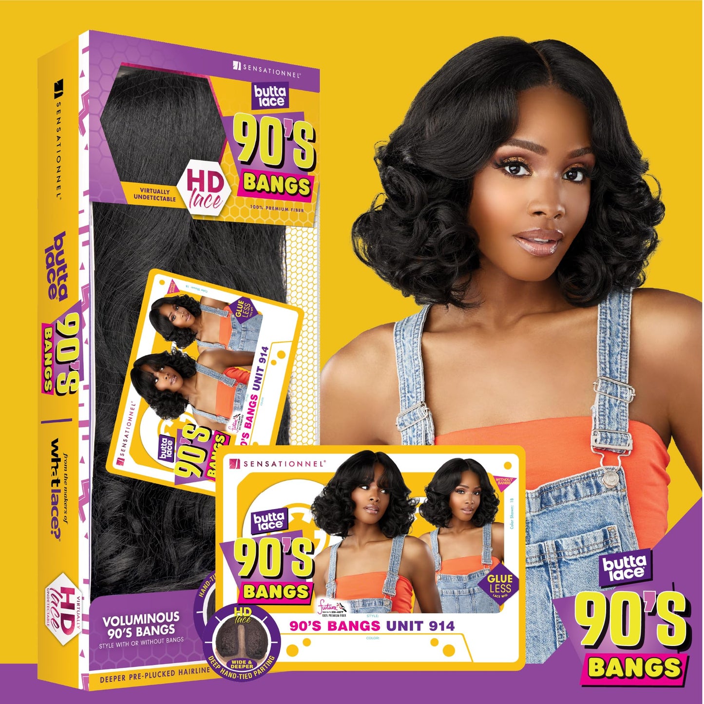 Sensationnel Butta Lace 90Sbangs Wigs - Unit 914 Glueless Wide Deep Part Synthetic Preplucked Hairline (1B OFFBLACK)