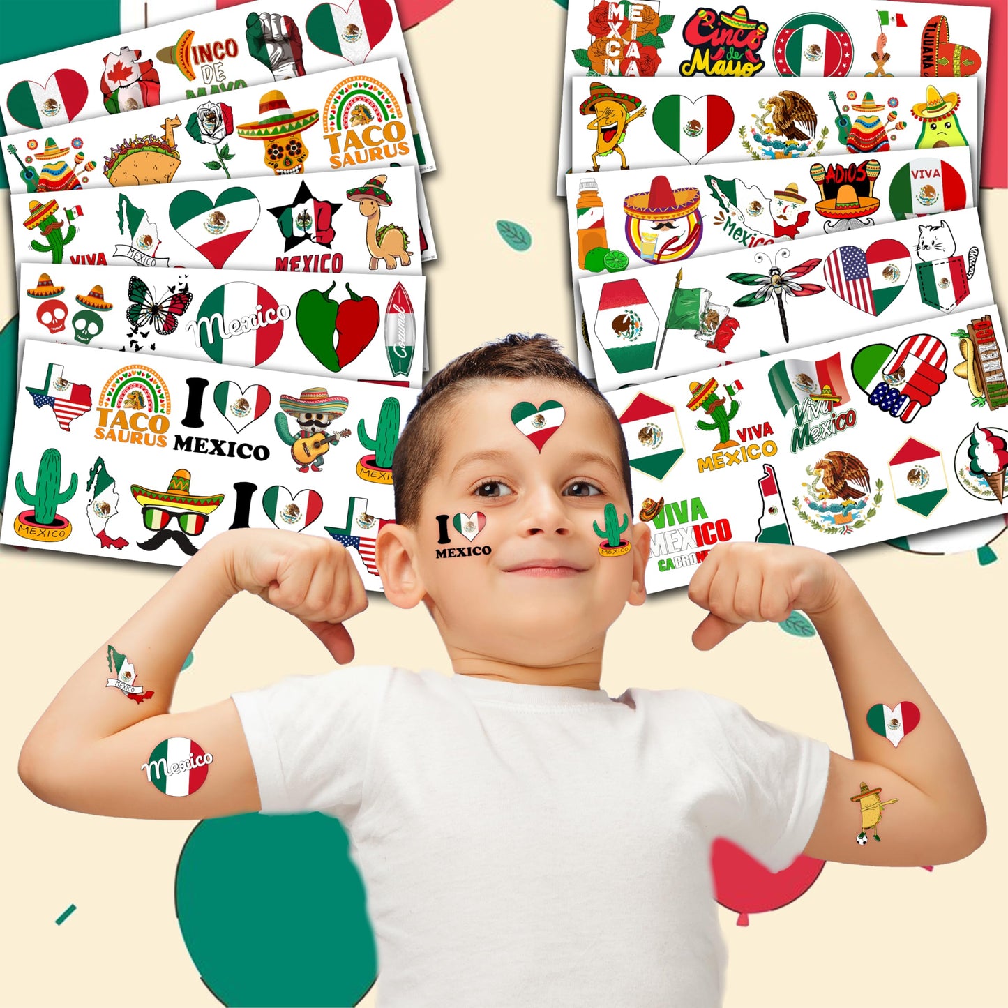 Mexico Independence Day Temporary Tattoos - 100 Pcs (10 Sheets) Viva Mexican Themed Fake Tattoos for Kids & Adults, Party Favors & Decorations