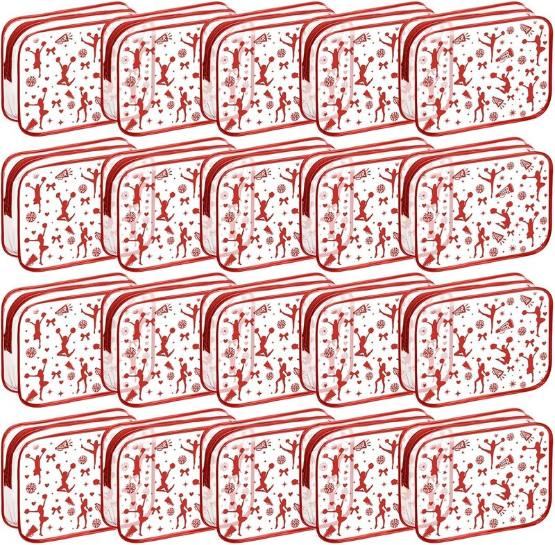 Clear PVC Makeup Bag for Cheer Teams - 20 Pcs Zipper Pouch | 7.9 x 5.9 x 2.4'' Red