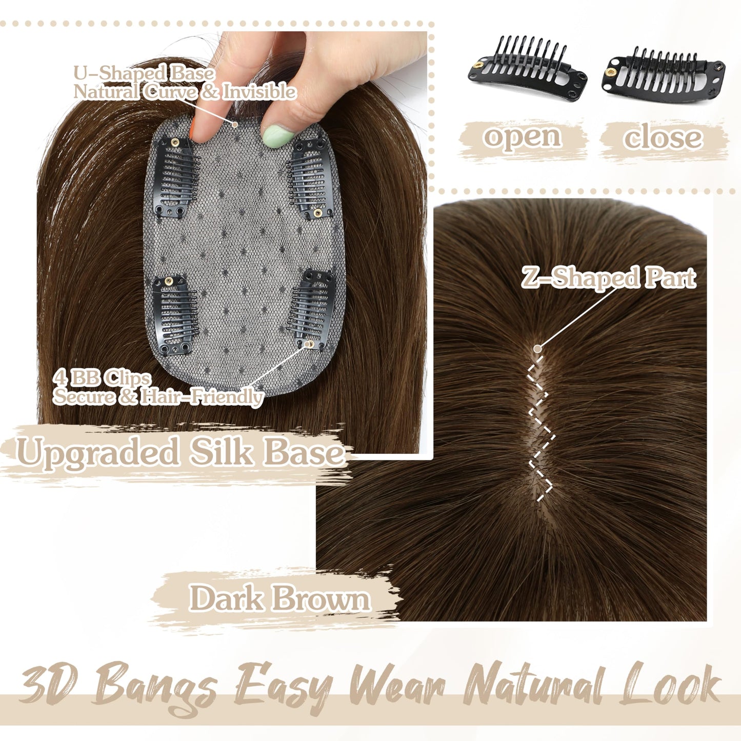 DinkyTims Human Hair Toppers for Women - 150% Density Clip In Hair Topper with Bangs U Shape 10 Inch Toppers Hairpieces for Women Perfect for Thinning Hairr Ideal for Daily Use Dark Brown