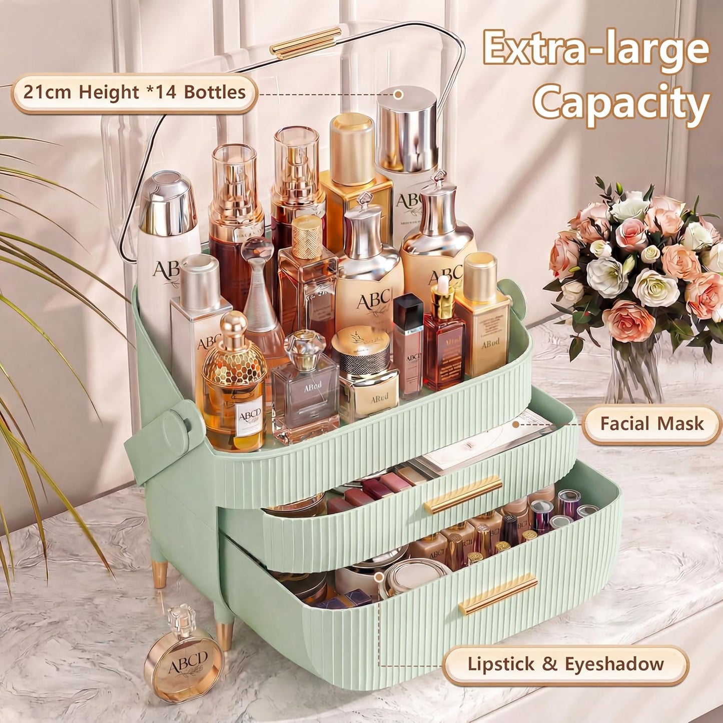 Makeup Organizer - Transparent Cosmetic Display Case for Skincare | Bathroom Countertop & Vanity, White