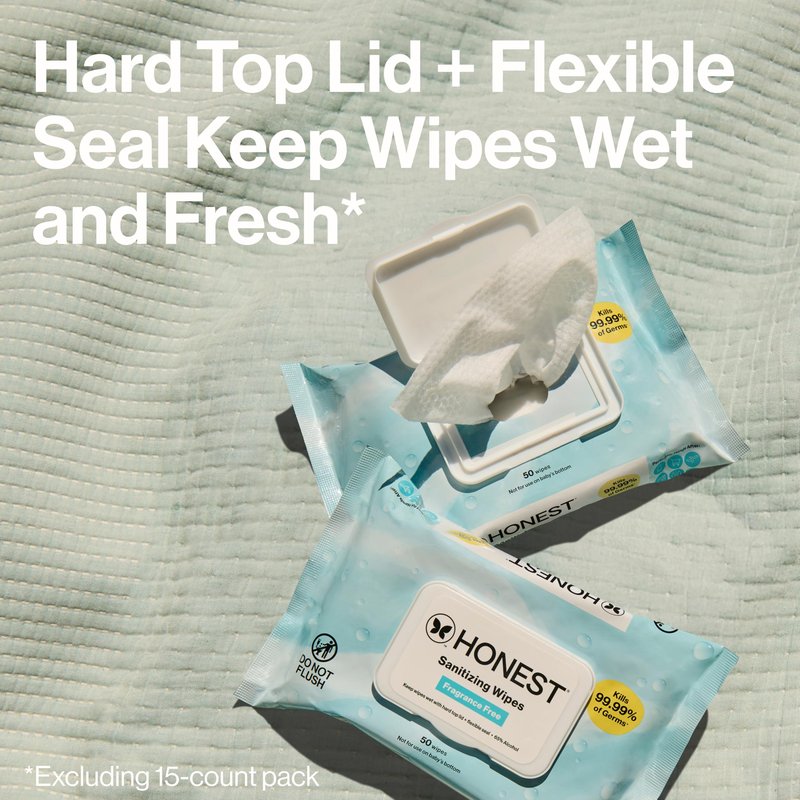 The Honest Company Fragrance-Free Sanitizing Alcohol Wipes, Antibacterial Safe for Hands, Kills 99% of Germs, Made With Aloe, 50 Count (1 Pack)