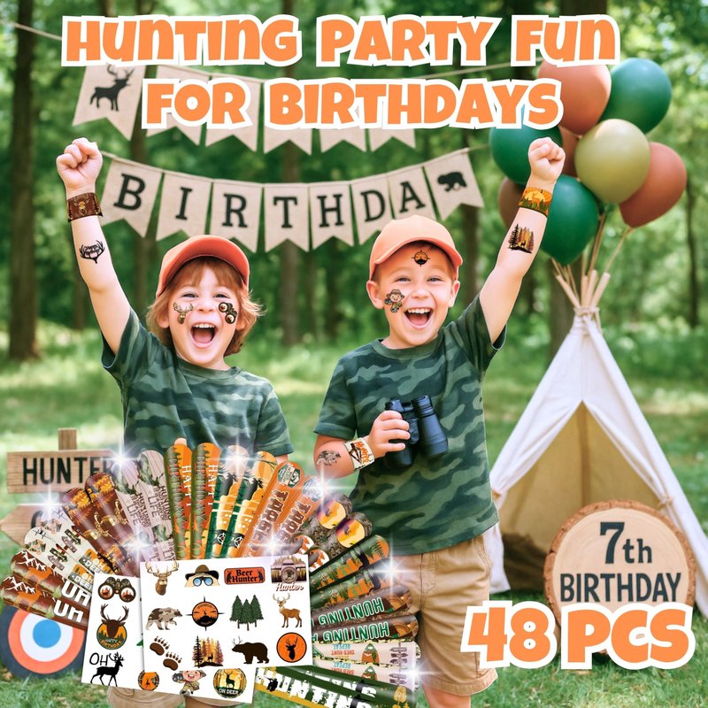Cherisnowy 48PCS Hunting Party Set - 24PCS Temporary Tattoos & 24PCS Slap Bracelets - Outdoor Adventure Birthday Supplies, Baby Shower Gifts, Classroom Rewards & Party Decor for Kids (Boys & Girls)