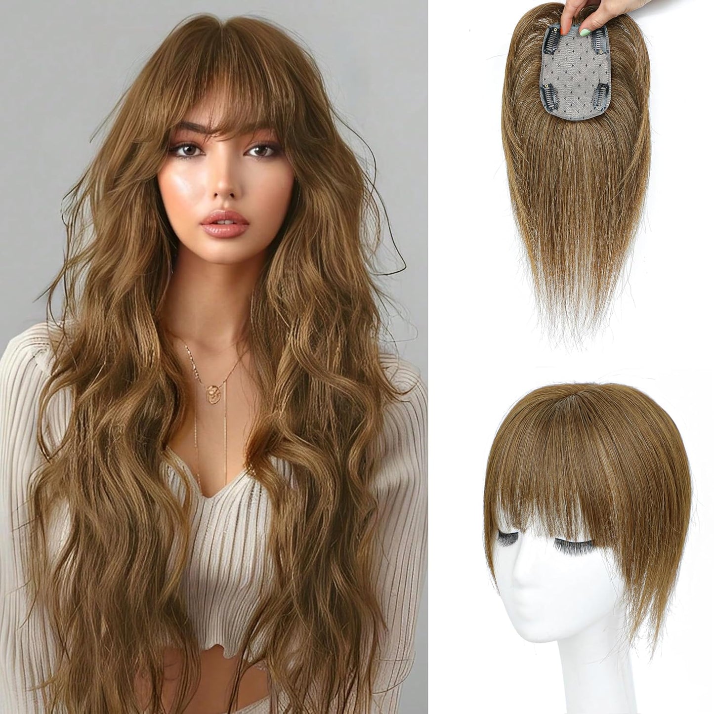 Human Hair Toppers for Women - 150% Density Clip-In Hairpiece with Bangs | 10-Inch Ash Brown for Thinning Hair