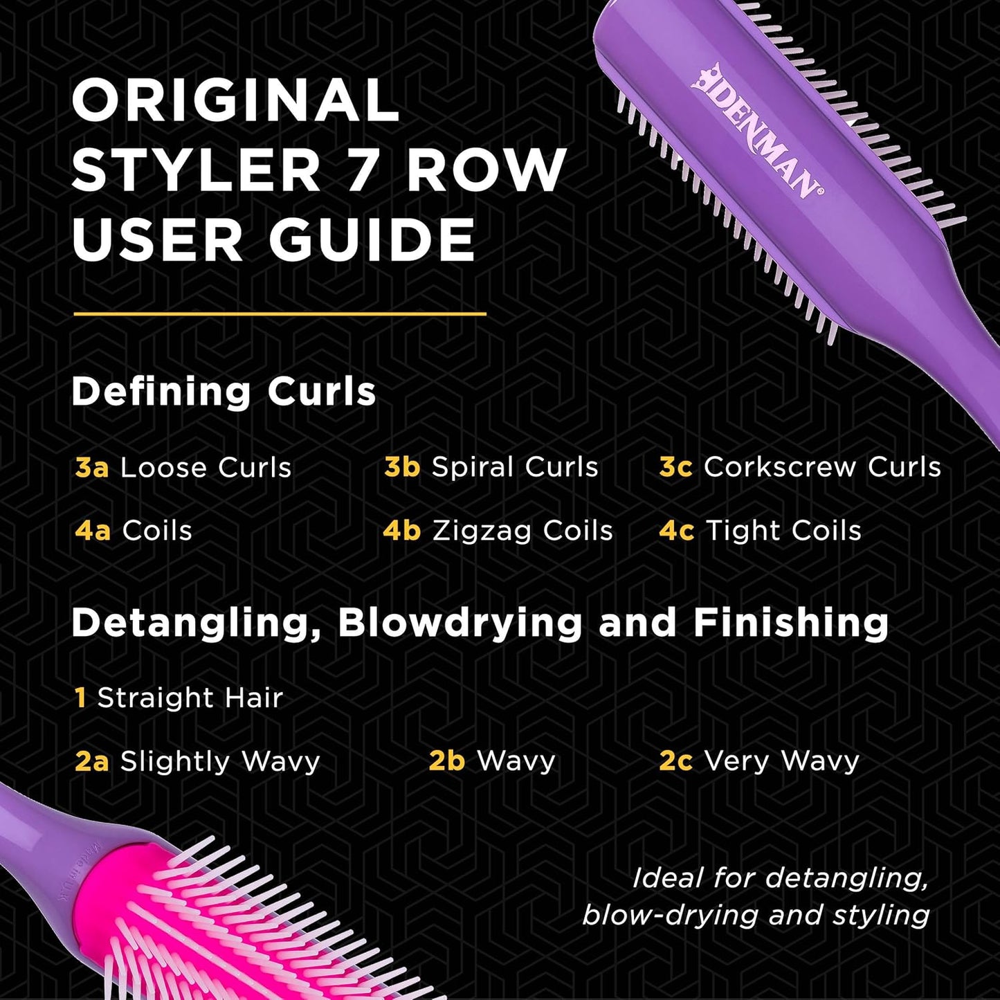 Denman Violet Styling Brush Set - 7 Row & Paddle Hair Brushes for Ultimate Detangling | All Hair Types