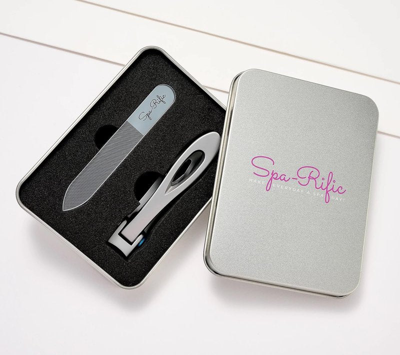 Spa-Rific 2pc Set of Wide Jaw Ergonomic Nail Clippers and Nano Glass Laser Etched Nail File with a Carrying case - Stainless Steel
