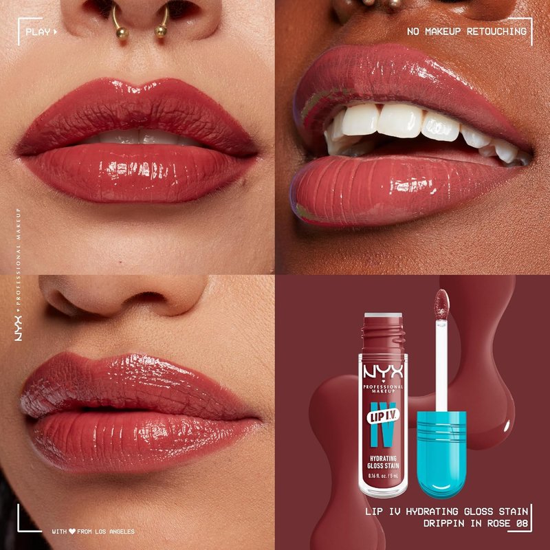 NYX Lip IV Hydrating Glossy Lip Stain - 12HR Moisture, Drippin In Rose (Pink)