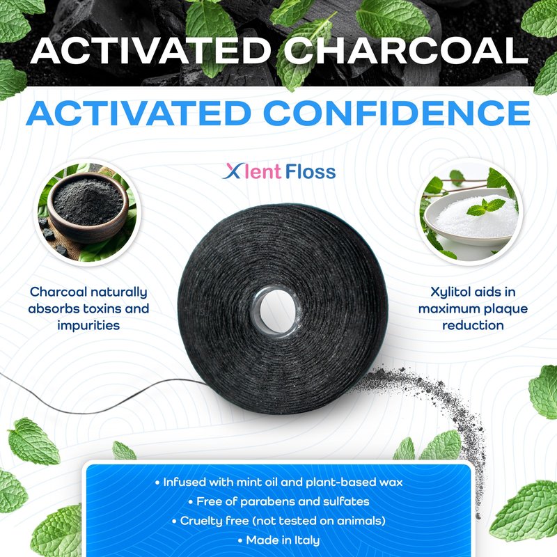 Expandable Floss Treated with Activated Charcoal with Xylitol and Natural Plant Based Wax |Fresh Mint Flavor | 50 Meter (4 Count)