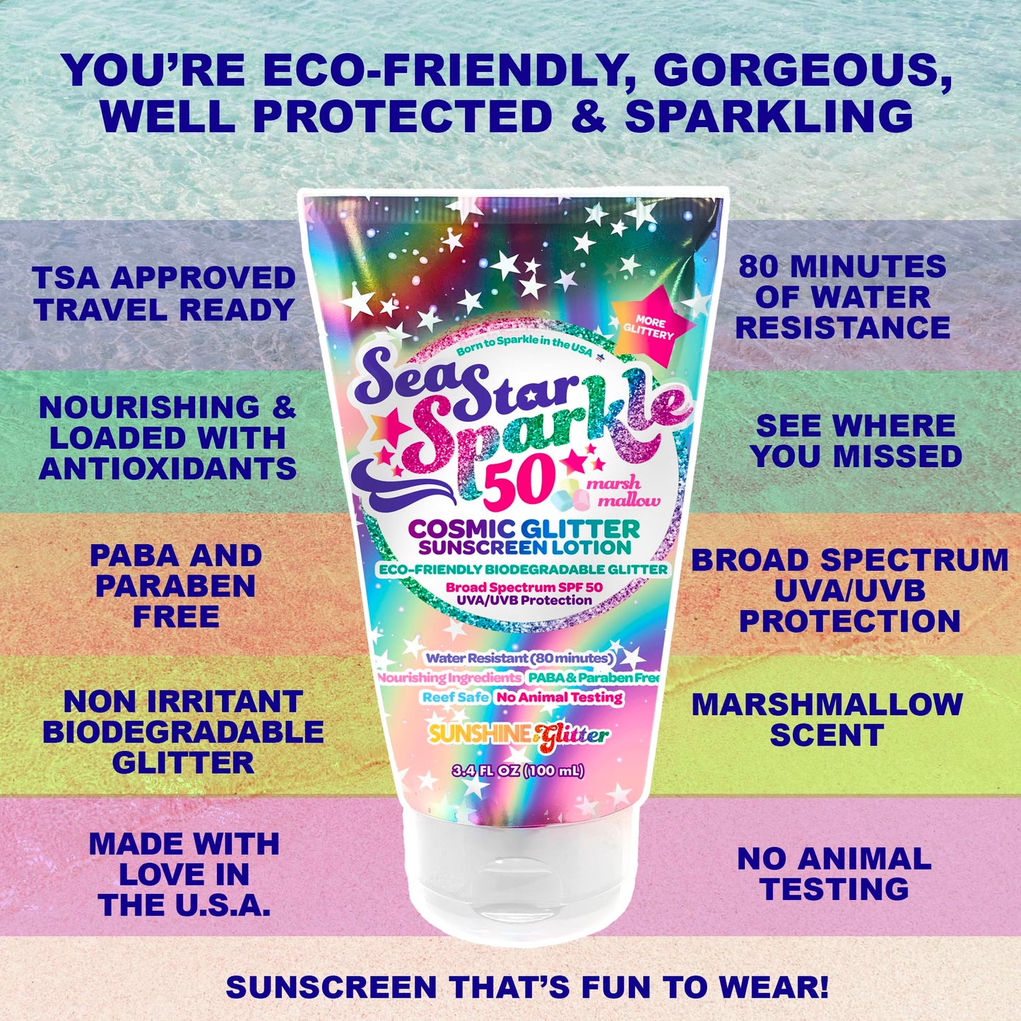 Seastar Sparkle - Cosmic Marshmallow Scented Glitter Sunscreen Lotion - SPF 50 - Biodegradable Sunscreen, Kids, Water Resistant, Glitter lotion, Cruelty Free, Kids Lotion, Made in USA, 3.4oz
