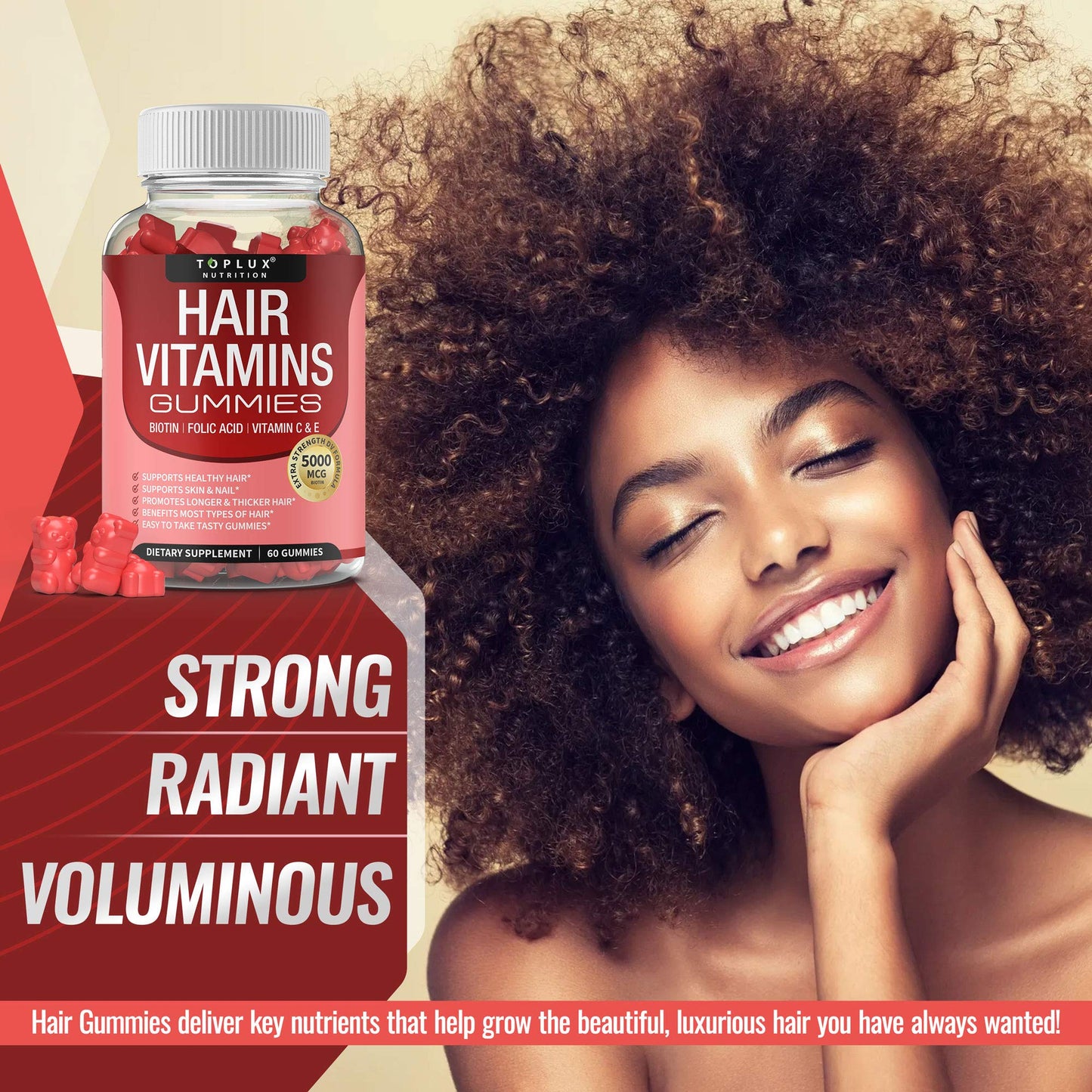 Hair Vitamin Gummies Supplement for Women & Men – Hair Growth Vitamins 5000mcg Biotin Gummies, Folic Acid, Vitamin C & E, Support Stronger & Thicker Hair, Skin, Nails, Non-GMO Vegam for, 60 Count