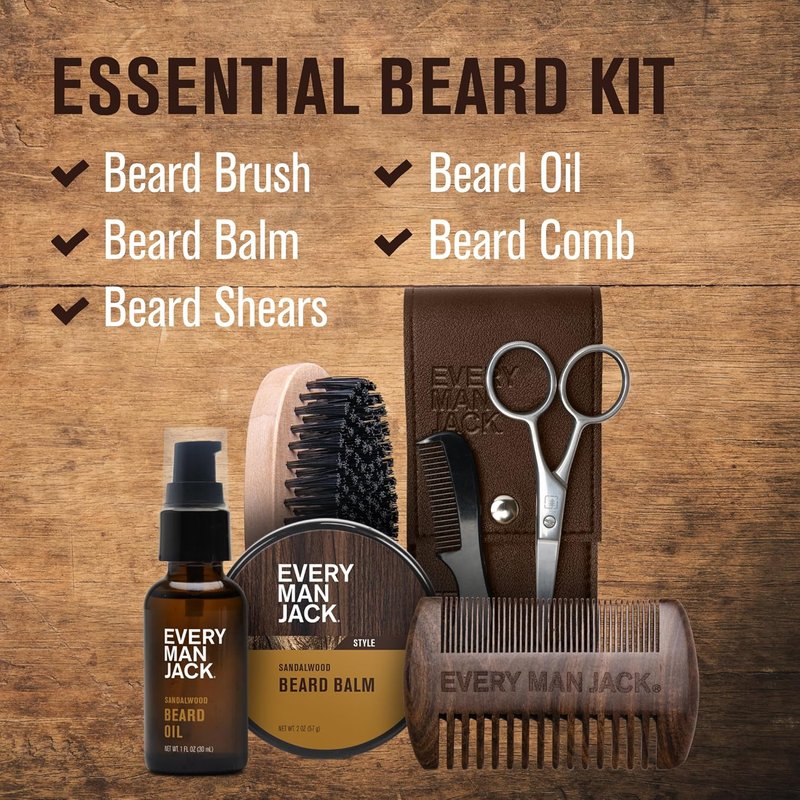 Every Man Jack Beard Grooming Kit - Sandalwood Beard Oil, Balm, Brush & Dual-Sided Comb | Complete Care Set