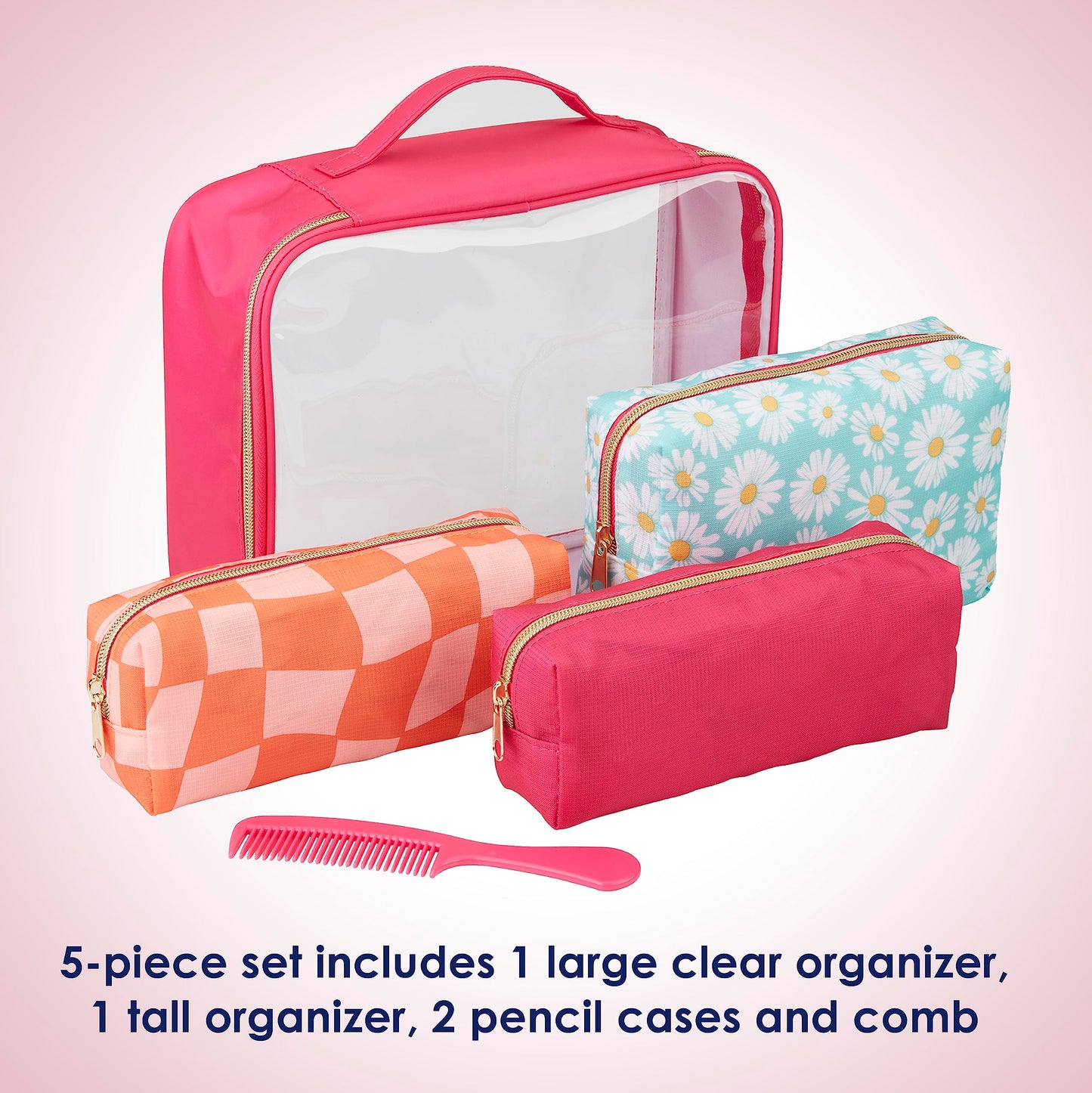 Conair 5 Piece Toiletry and Cosmetic Bag Set Under $30, Includes 4 Makeup Bags and 1 Travel Comb in Pink and Daisy Prints (Pack of 2)