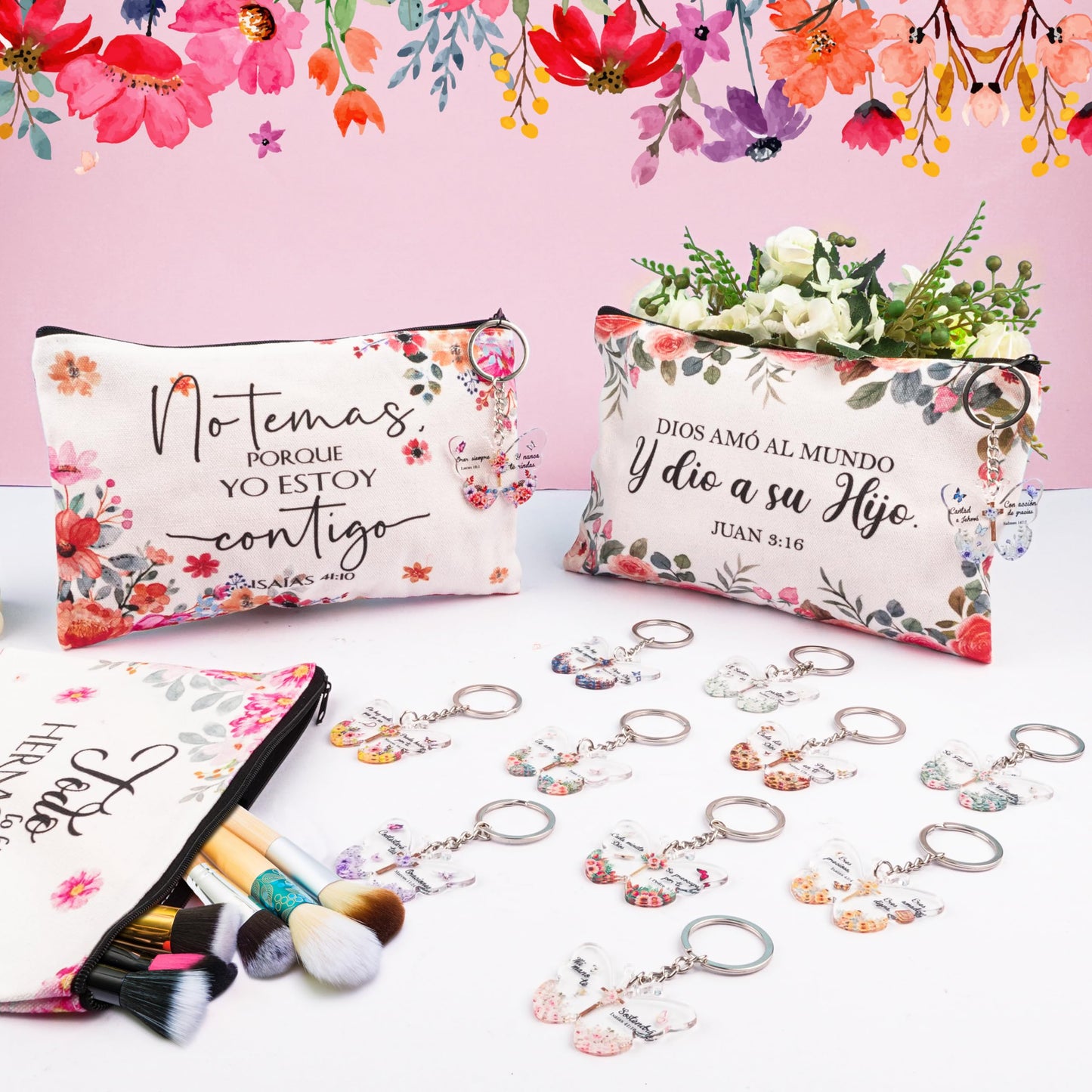 24 Pcs Spanish Christian Gift Set - 12 Women Makeup Bags Bulk & 12 Butterfly Keychains Inspirational Bible Verse Cosmetic Bags Religious Gifts for Women Regalos Religiosos Para Mujer En Español