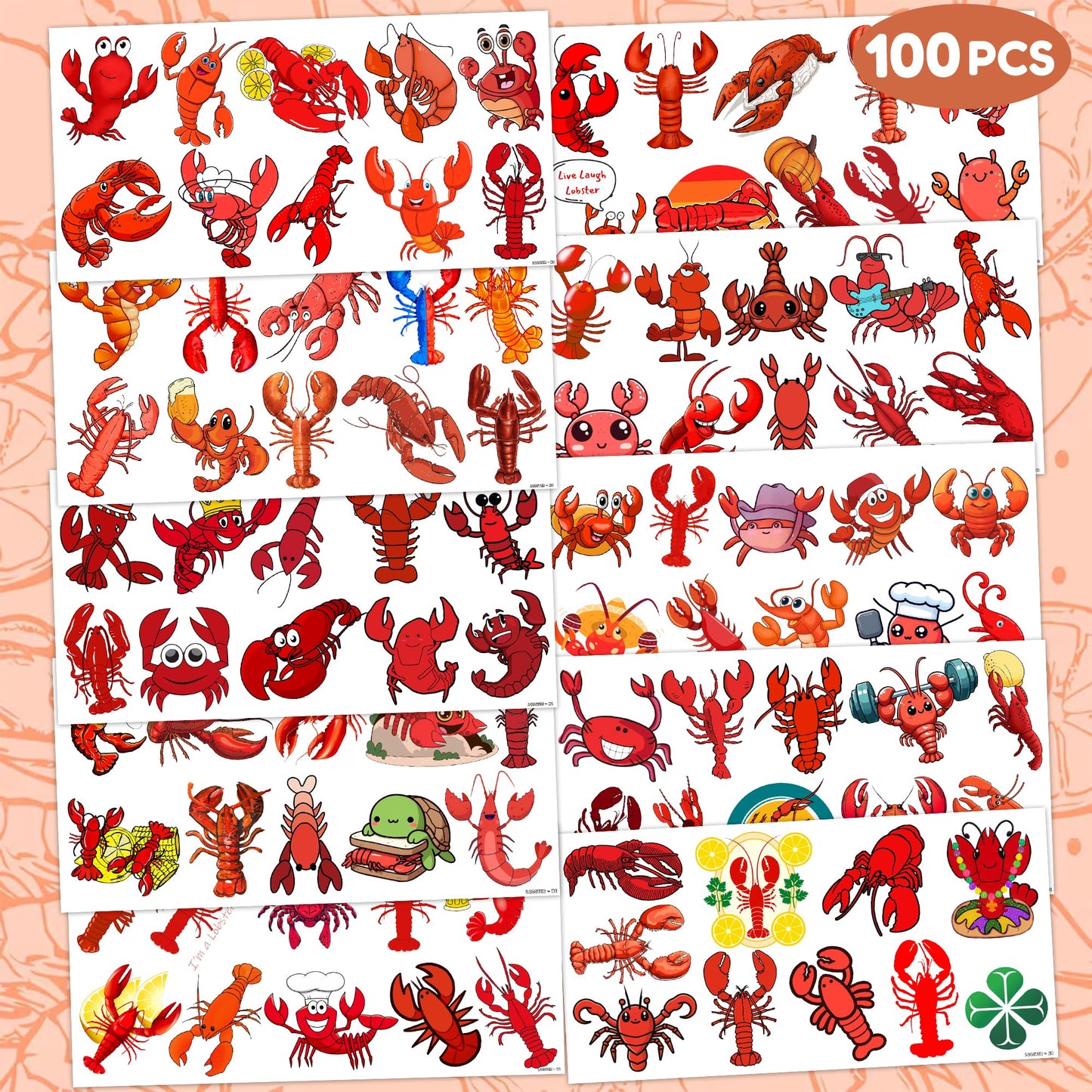 100 PCS Crawfish Temporary Tattoos (10 Sheets) - Cute Lobster Party Favors & Seafood Decorations for Kids, School Carnival Supplies