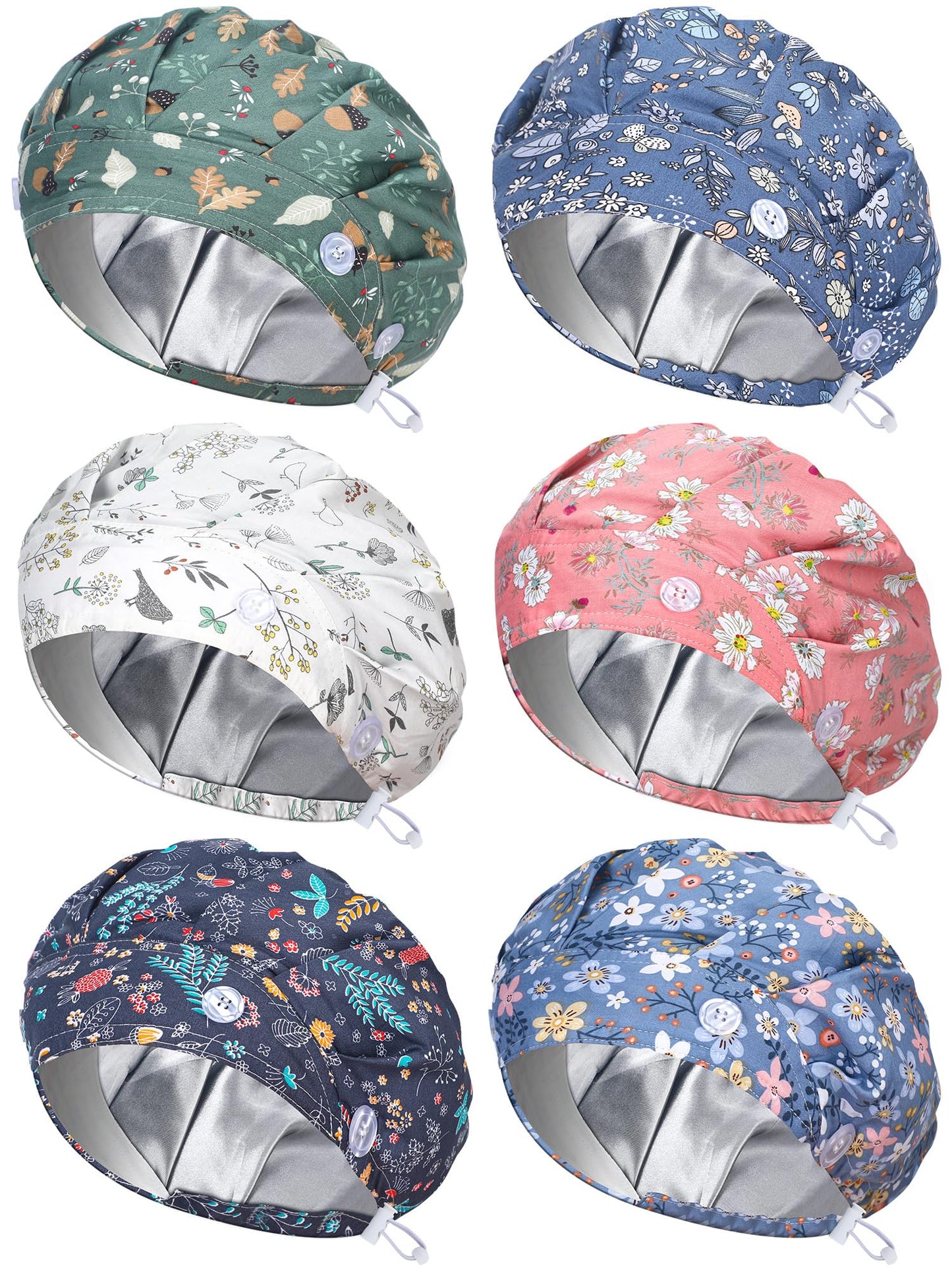 Floraltop 6 Pcs Satin Lined Scrub Caps Women Nurse Surgical Hat with Buttons Ponytail Working Adjustable Pouch Tie Back(Classic Style)