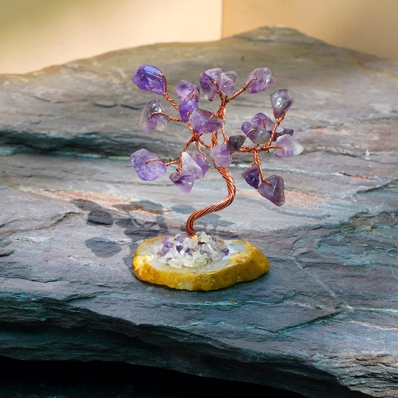 Set of 6 Crystal Trees Unique Birthday Gifts for Women, Mom & Dad, Slice Base Handmade Reiki Healing Stones for Home, Office Desk Decor, Bring Money, Positivity, Spiritual Good Luck Gifts