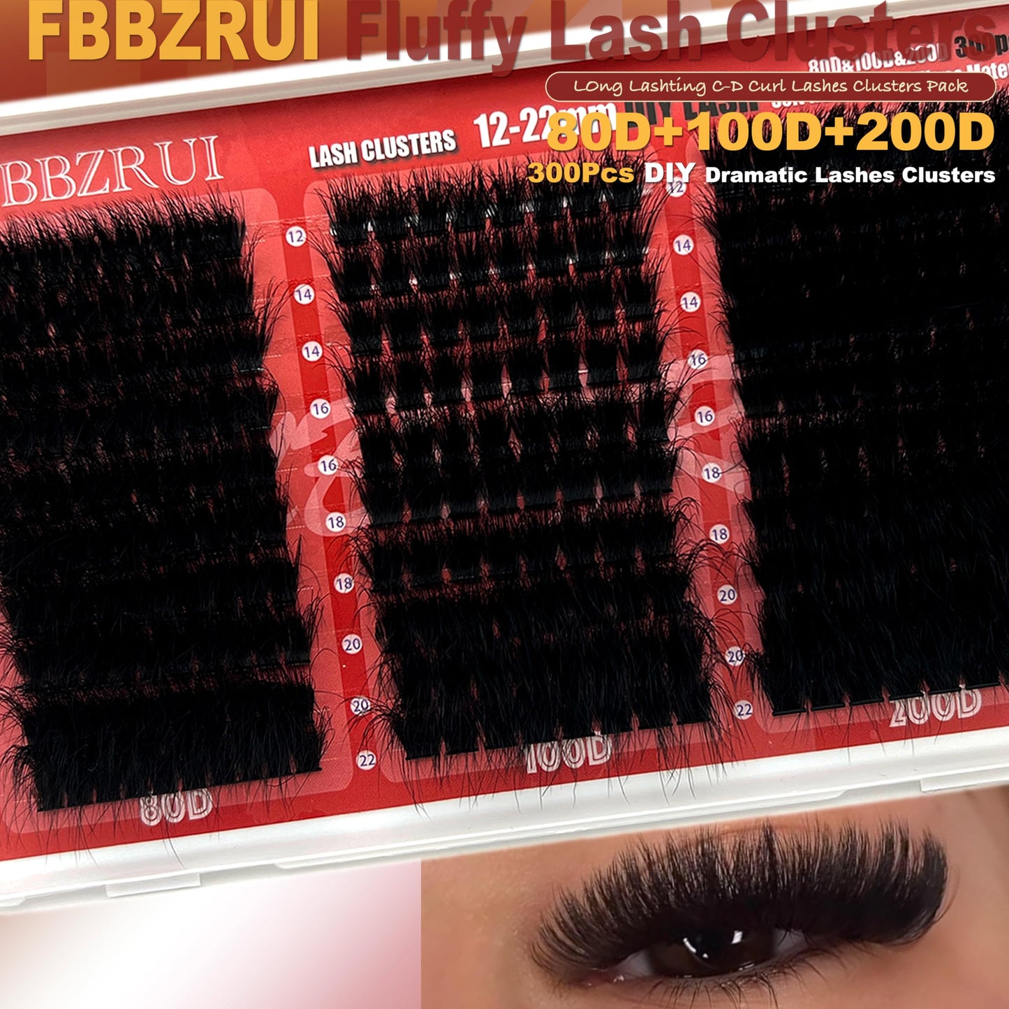 FUBBZRUI Lash Clusters D Curl 12-22mm Dramatic Long Individual Lashes Mega Volume Thick Eyelash Clusters DIY 80D 100D 200D